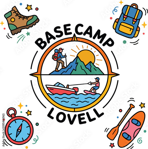 Base camp lovell badge with hiking and water sports equipment illustration