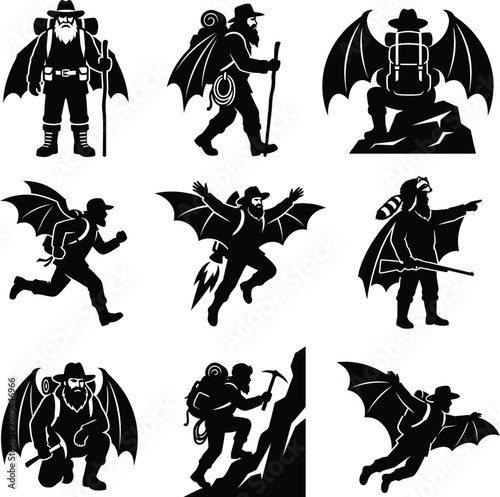 Black silhouette icons of a man with wings and backpack in hiking gear, backpack