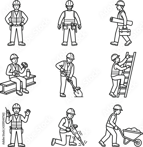 Set of construction worker icons in line art style with black and white