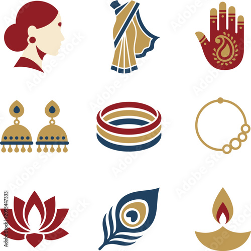Traditional indian cultural icons and ethnic decorative elements with tradition