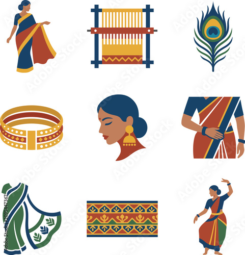 Set of indian cultural icons and traditional motifs in colorful flat design