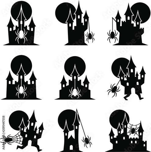 Set of haunted house silhouettes with full moon and spiders, silhouette