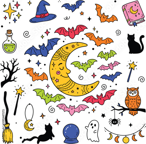 Cute hand drawn halloween doodle collection with crescent moon and bats