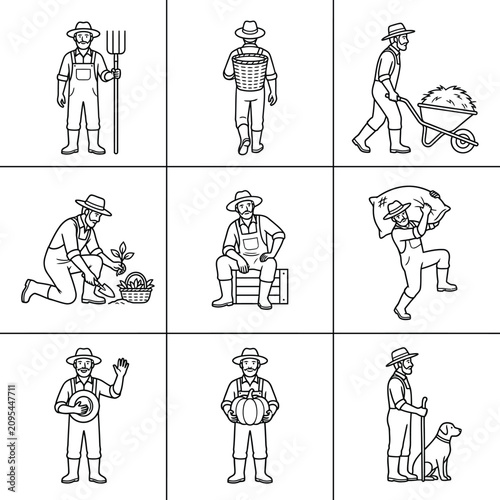 Farmer lifestyle line art icon set for agriculture and farming with agriculture