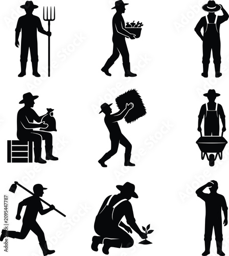 Collection of farm worker silhouettes performing agricultural manual labor tasks