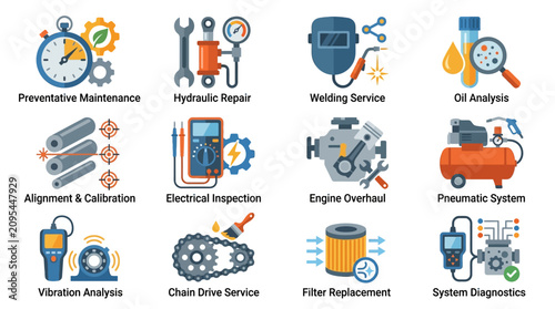 Industrial Maintenance and Engineering Services Icons Set.