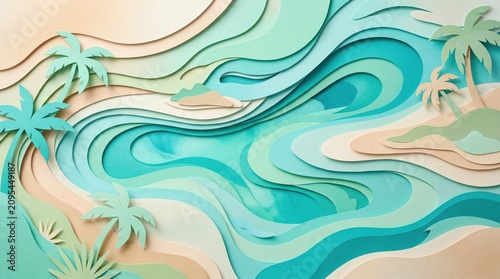 Abstract Layered Paper Cut Tropical Beach and Ocean Landscape