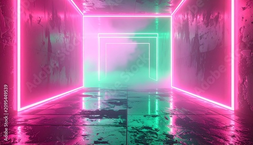 Futuristic Neon Light Tunnel with Pink and Green Glowing Lines on Reflective Floor