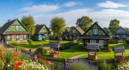 Peaceful Village Scene with Colorful Houses and Green Landscape.