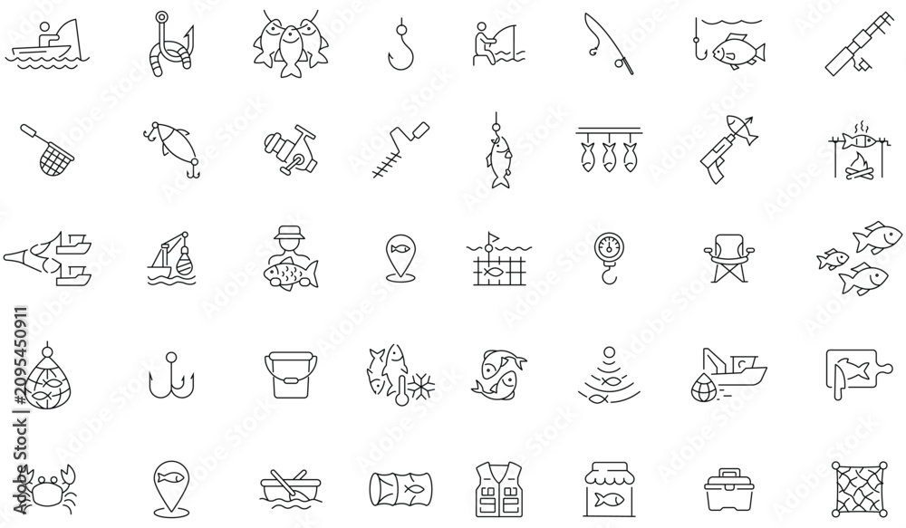 Naklejka premium Fishing industry and catching production minimalist line art icon set. Fishing instrument line icon set. Fisherman, fishhook, hook, boat, fisherman, commercial professions. Vector illustration.