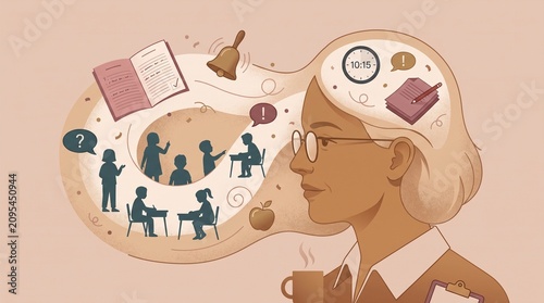 Teacher Wellness Mind Map featuring an anatomical illustration of a female profile filled with classroom scenes and ringing bells for pedagogical psychology or stress management guides