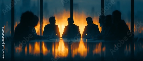 Team in formal setting, illuminated by warm backlighting