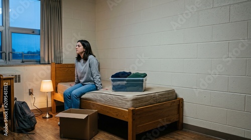 First Night Alone Dorm depicting a thoughtful young woman sitting by the window in an empty brick room for mental health articles or college transition blogs