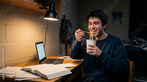 Midnight Snack Dorm Room featuring a smiling young man eating instant noodles at a glowing desk for campus life brochures or late studying memes