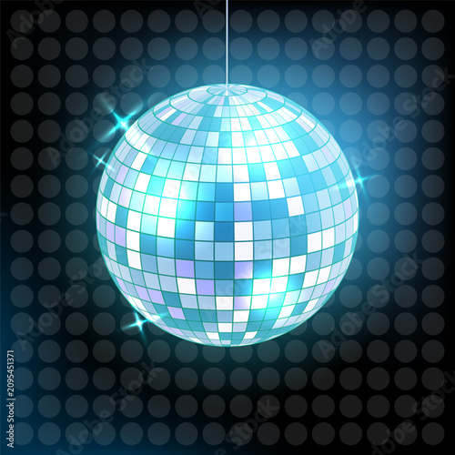 Blue disco ball glowing illustration for dance party. 3d spherical mirror shining