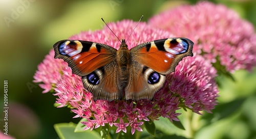 Peacock butterfly resting on a vibrant pink sedum flower in a garden.
