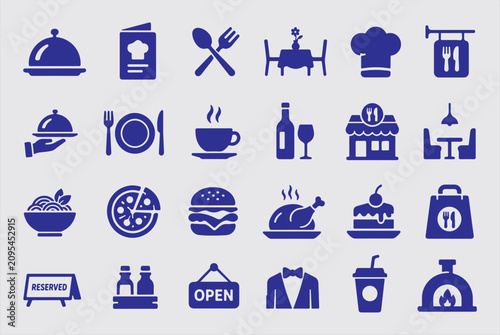 Restaurant Hospitality Glyph Vector Icon Set Premium Dining Cafe Fast Food Kitchen Food Service Solid Icons Collection