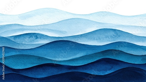 Layered ocean waves watercolor illustration with horizontal undulating blue bands creating depth and motion, translucent pale blue top waves darkening gradually into deep ocean blue below