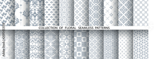Geometric floral set of seamless patterns. White and gray vector backgrounds. Damask graphic ornaments