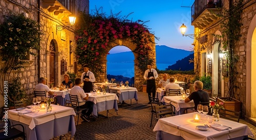Outdoor restaurant terrace in Taormina Sicily at twilight with sea view.