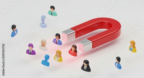 People Interacting Around Large Red Magnet Illustration.