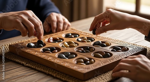 People Playing Board Game with Dark Pebbles and Wooden Board.
