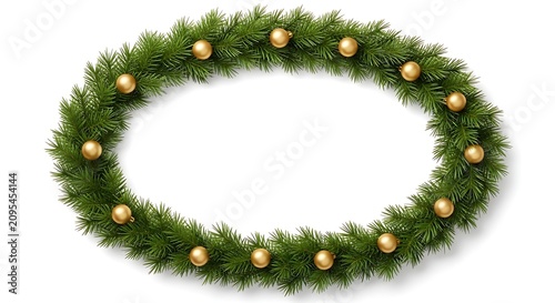 Oval Christmas wreath made of pine branches with golden baubles isolated on white.