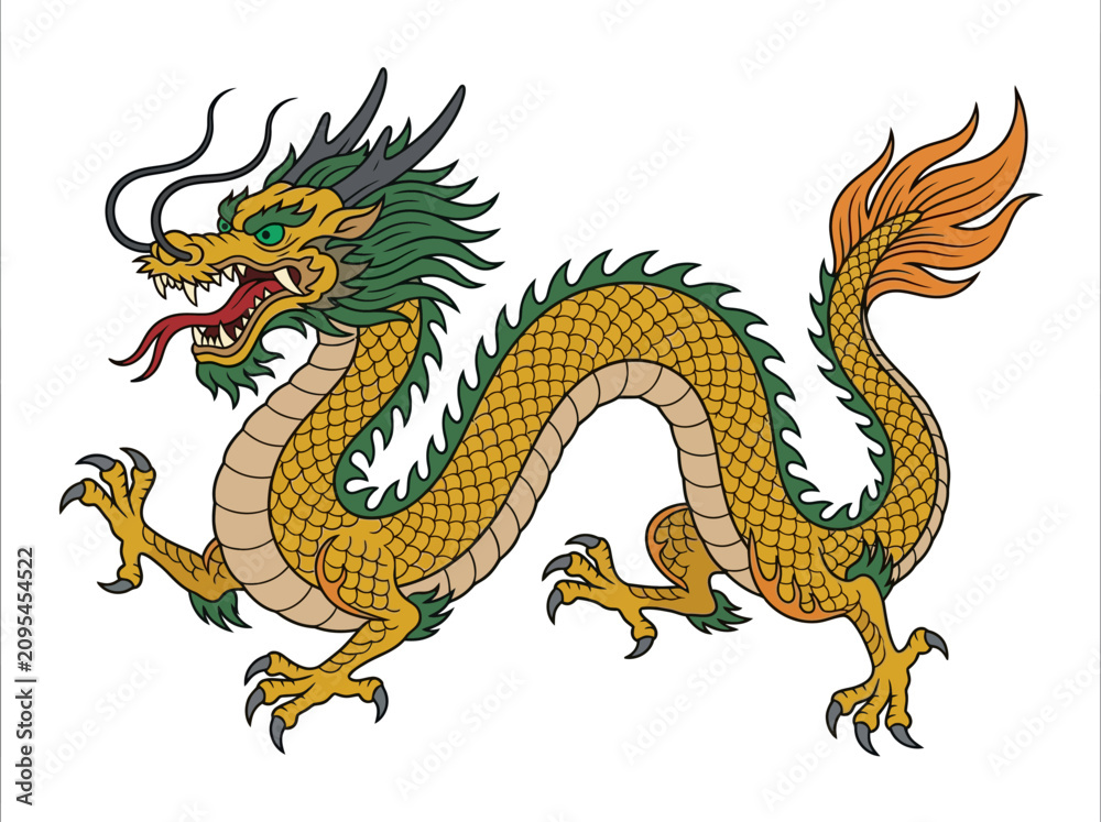 Fototapeta premium Traditional Chinese Golden Dragon Illustration Isolated on White
