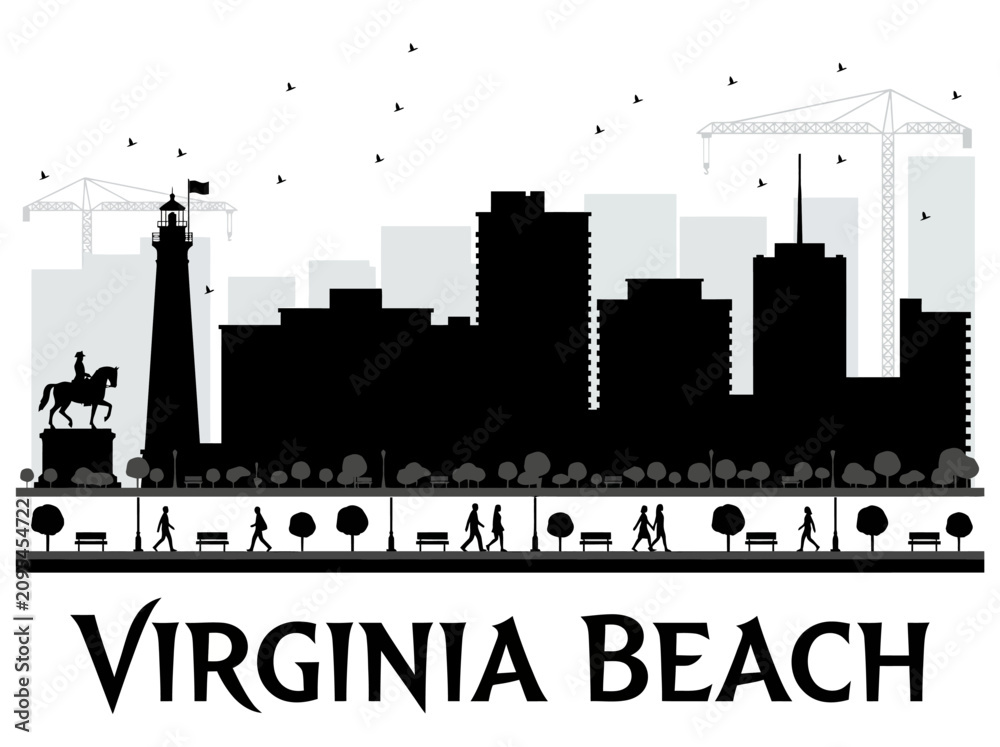 Obraz premium Virginia Beach Virginia Skyline Silhouette Black and White Vector Illustration