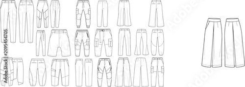 Fashion Pants CAD Templates Collection with Trousers Shorts Cargo and Wide Leg Technical Drawings