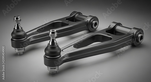Pair of black automotive control arms with ball joints for vehicle suspension system.