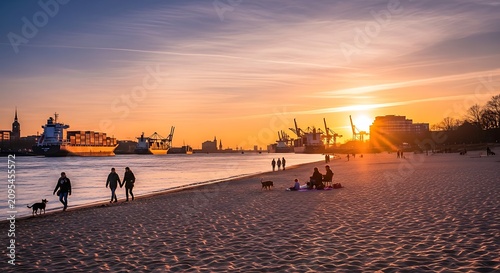 People walking on sandy beach at sunset with industrial harbor in background.