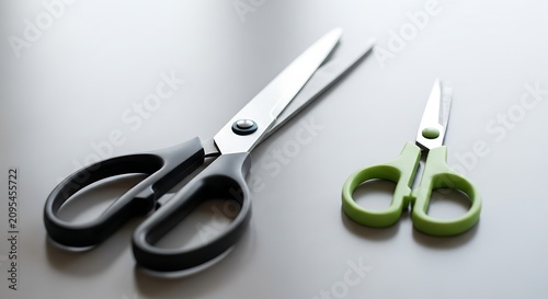 Pair of Scissors in Different Colors on White Surface.