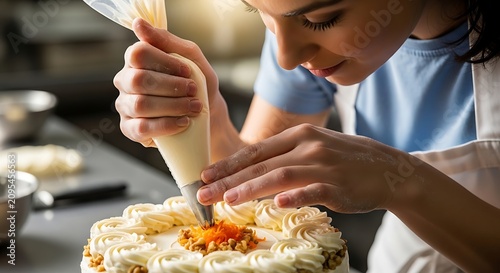 Person Decorating Cake with Piping Bag in Kitchen.