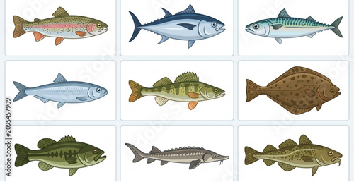 Принти на полотні Cartoon Edible Fish Collection Vector Illustration Set