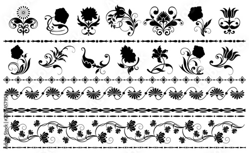 Collection of black floral silhouettes and decorative borders on white background