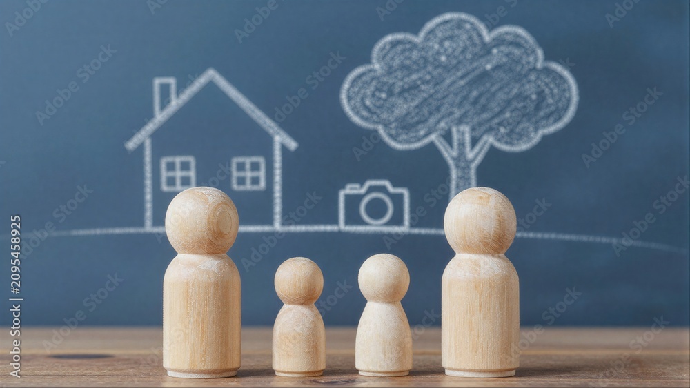 Fototapeta premium Wooden family figures stand before chalkboard drawings of home, tree, and camera.