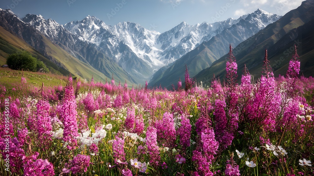 Fototapeta premium Gorgeous Wild Flowers Blooming under High Mountain and Snow Peak