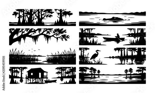 Swamp Landscape Silhouettes, Bayou Scenes with Alligator, Heron, and Canoe, Southern Wetlands Vector Elements