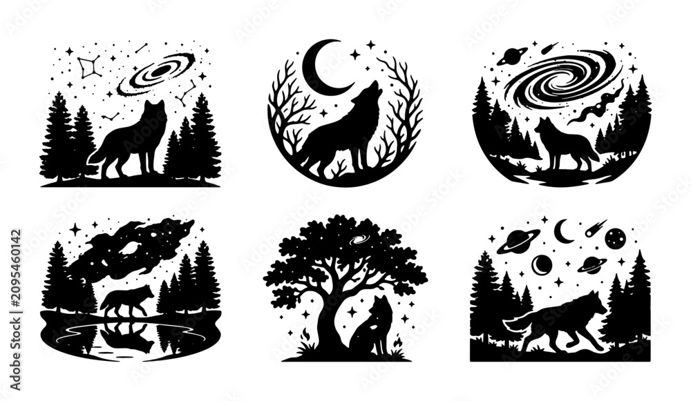 Obraz premium Wolf Silhouette Vector Icons, Night Sky & Forest Scenes, Celestial & Nature Elements, Mystical Wildlife Graphics, Set of 6