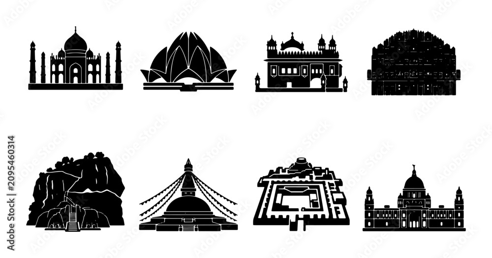Obraz premium Iconic Indian Landmarks Silhouette Collection, Taj Mahal, Lotus Temple, Golden Temple, India Gate, Buddhist Stupa, Architectural Wonders, Travel Destination Icons, Vector Graphics