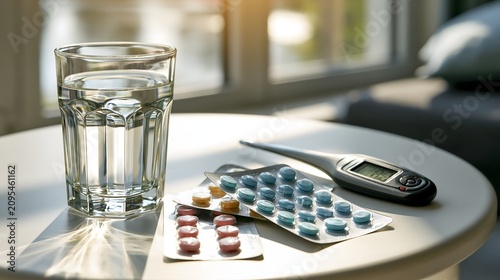 Medikamente und Trinkwasser während extremer Sommerhitze auf hellem Tisch