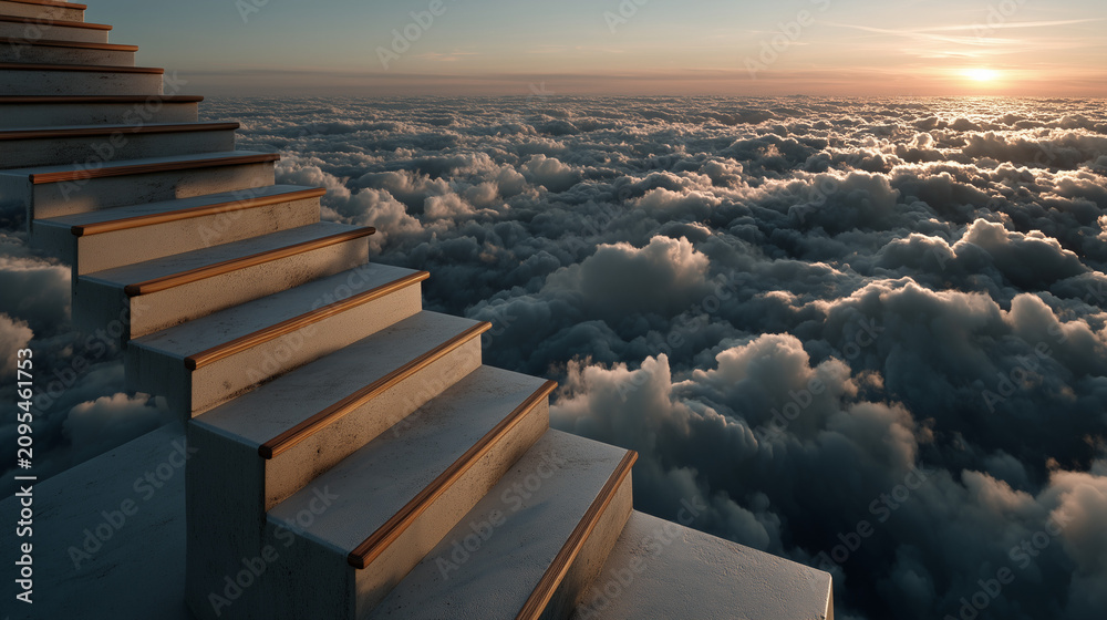 Fototapeta premium Elegant Floating Staircase Ascending Through Golden Clouds Toward a Radiant Sunrise Symbolizing Success and Hope