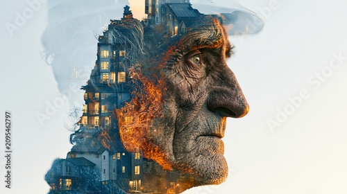 Double exposure of elderly man's profile overlaid with a warm, illuminated village at sunset, symbolizing life stories and heritage
