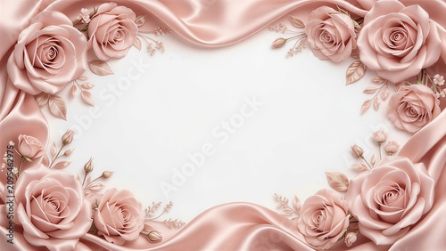 Luxury floral frame graphic with graceful soft blush pink satin rose flowers, with delicate stems and lustrous leaves, with elegant flowing pale pink silk fabric drapery on clean white background