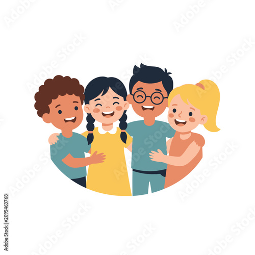 Bild auf Leinwand Group of diverse children hugging and smiling together.