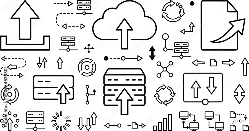 Fototapeta premium Cloud computing and data server line icon set featuring upload arrows database storage network backup and file transfer