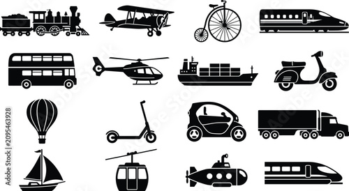 Cuadro en lienzo Transportation Silhouettes of Land Air and Water Vehicles Icons