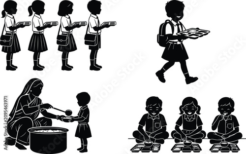 Canvastavla Indian School Midday Meal Scheme Uniformed Children Eating Silhouette Vector Ico