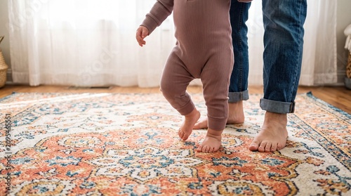 Baby taking first steps at home. Toddler learning to walk with parent support on a rug.